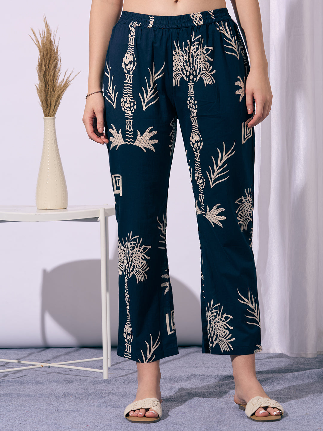 Ethnic Floral Printed A-Line Flared Kurta with Pant - Navy Blue