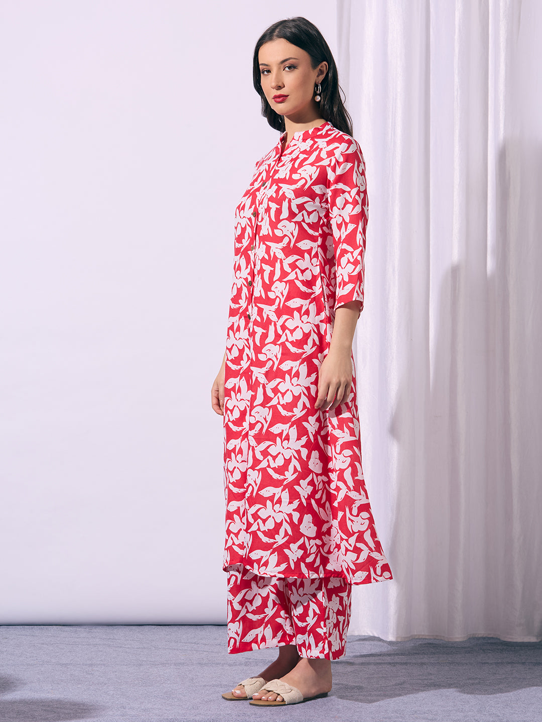 Abstract Floral Printed A-Line Co-ord Set - Red