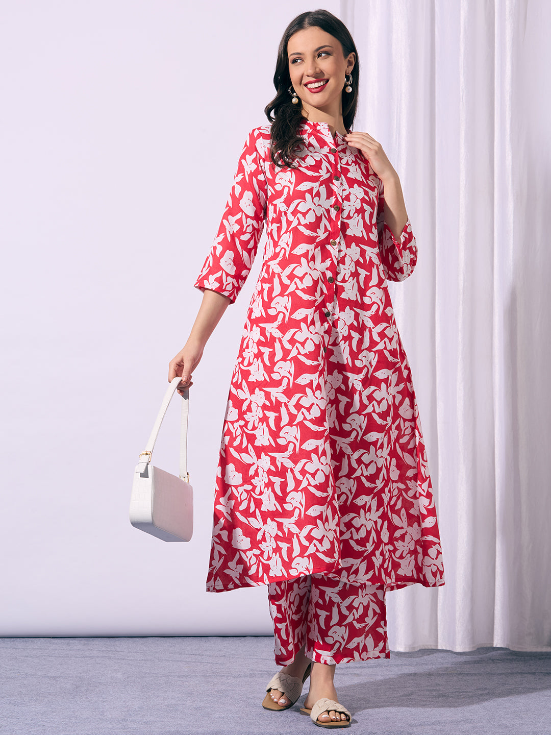 Abstract Floral Printed A-Line Co-ord Set - Red