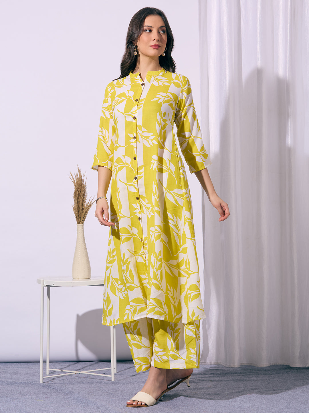 Abstract Floral Printed A-Line Co-ord Set - Yellow