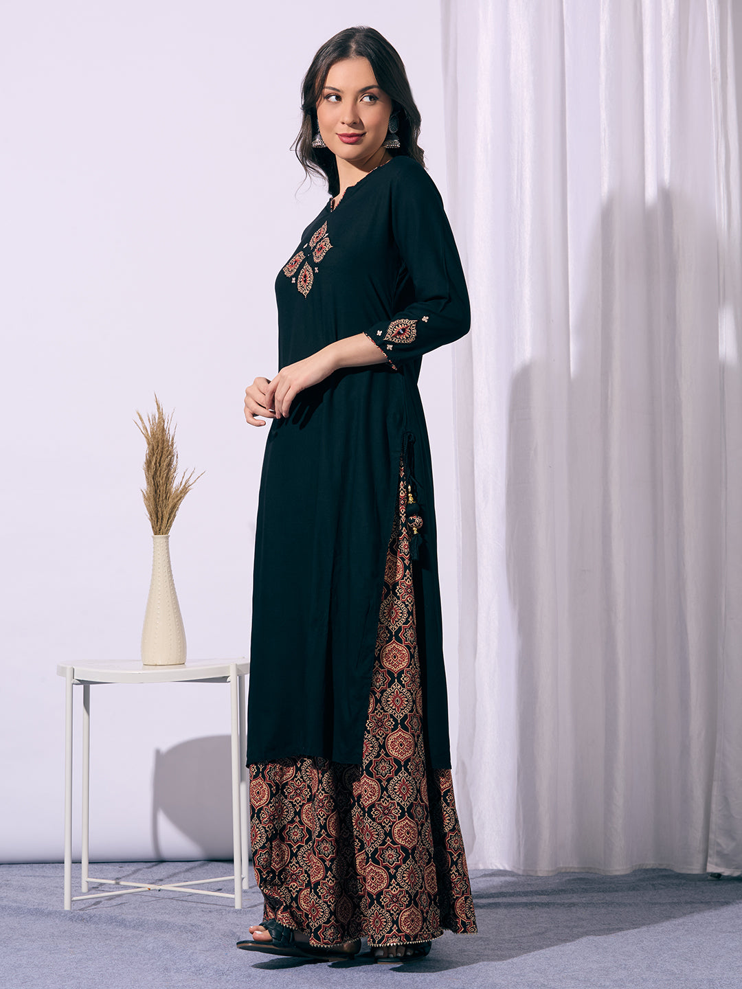 Solid Straight Cut Kurta with Ajrakh Printed Flared Palazzo - Black
