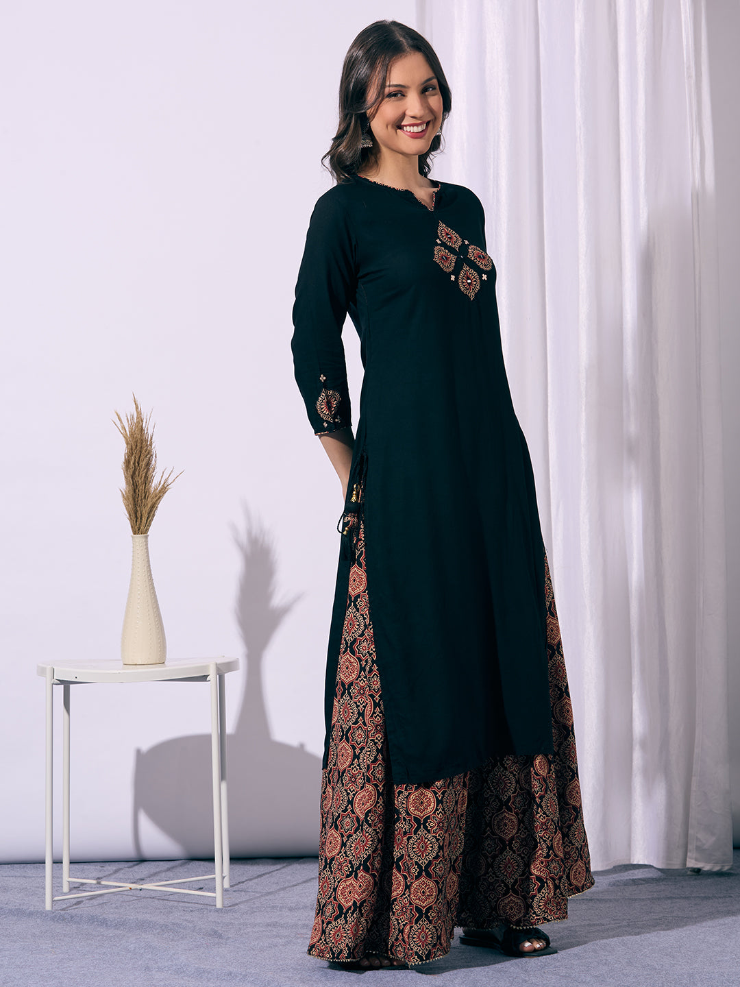 Solid Straight Cut Kurta with Ajrakh Printed Flared Palazzo - Black