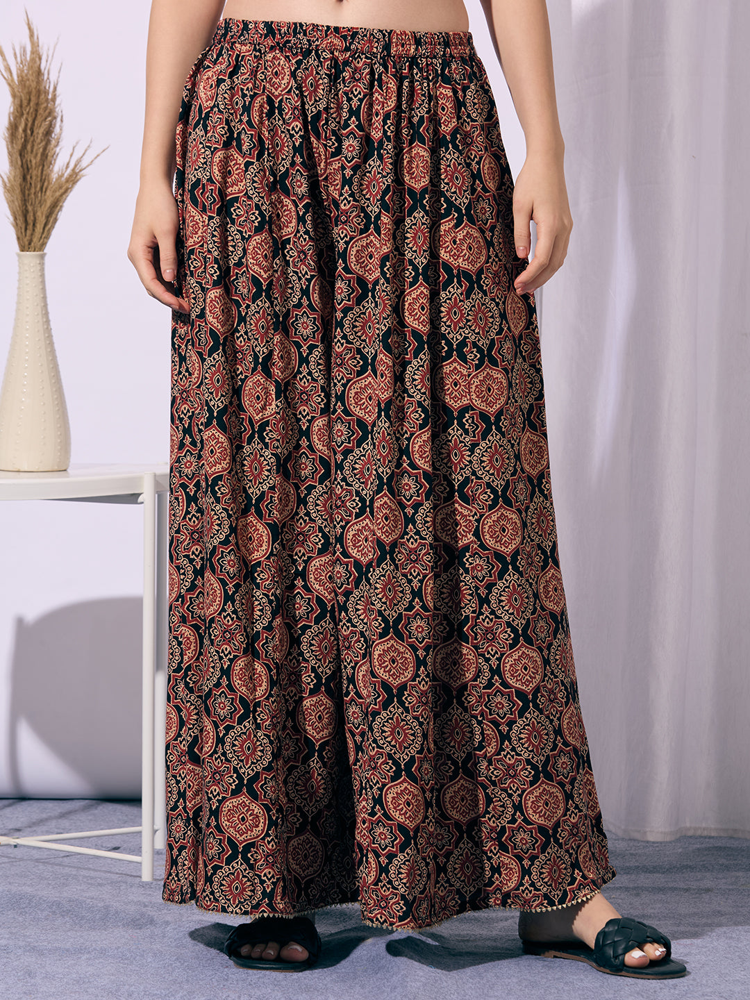 Solid Straight Cut Kurta with Ajrakh Printed Flared Palazzo - Black