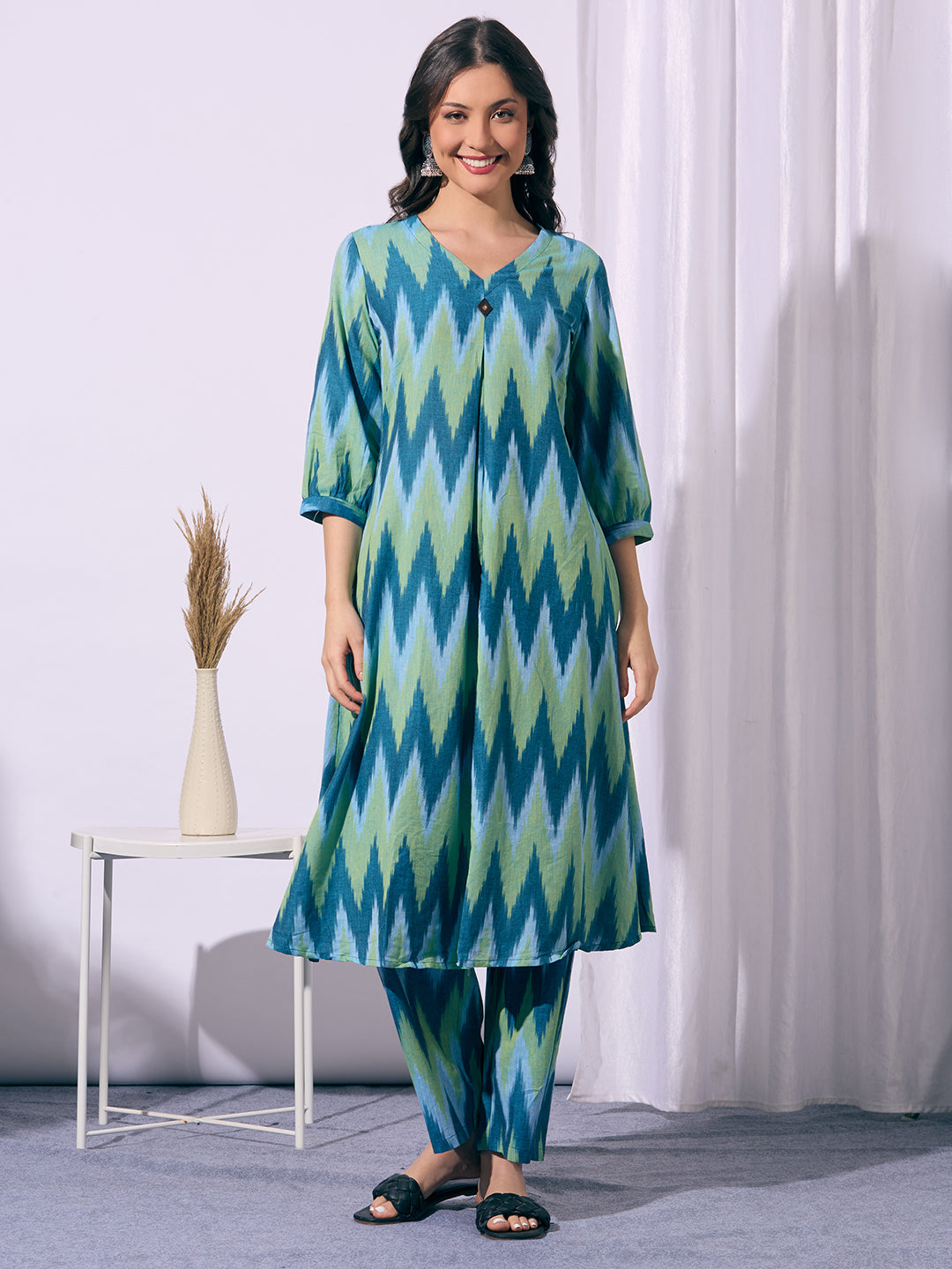 Ethnic Ikat Printed A-Line Flared Co-ord Set - Multi