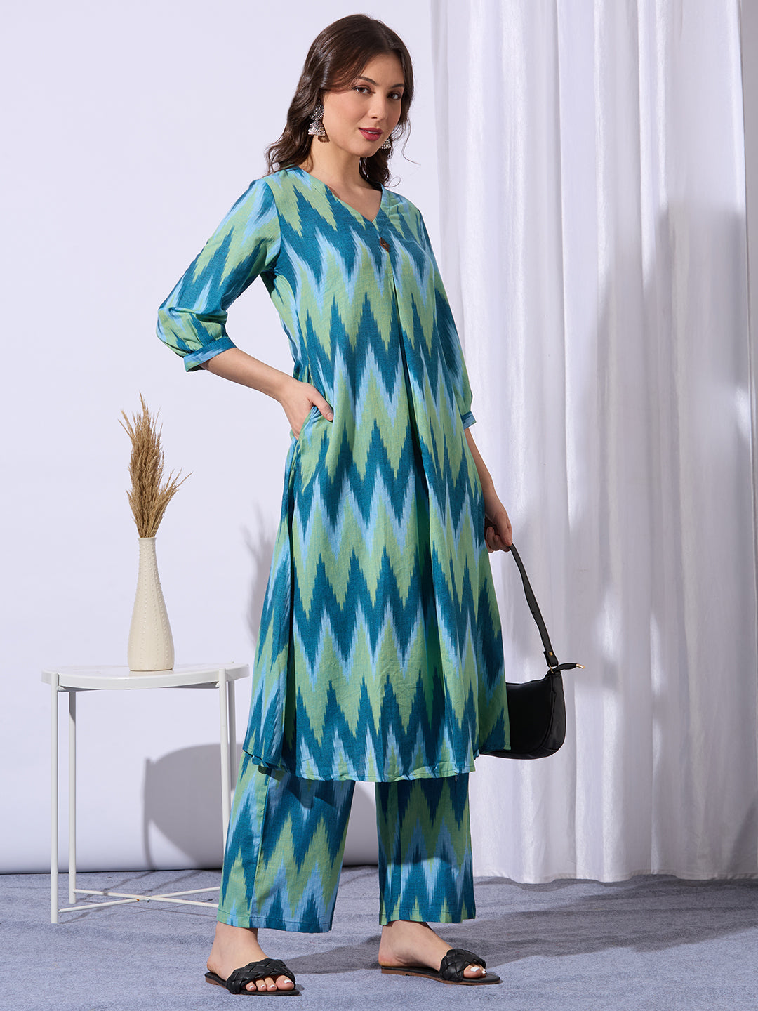 Ethnic Ikat Printed A-Line Flared Co-ord Set - Multi