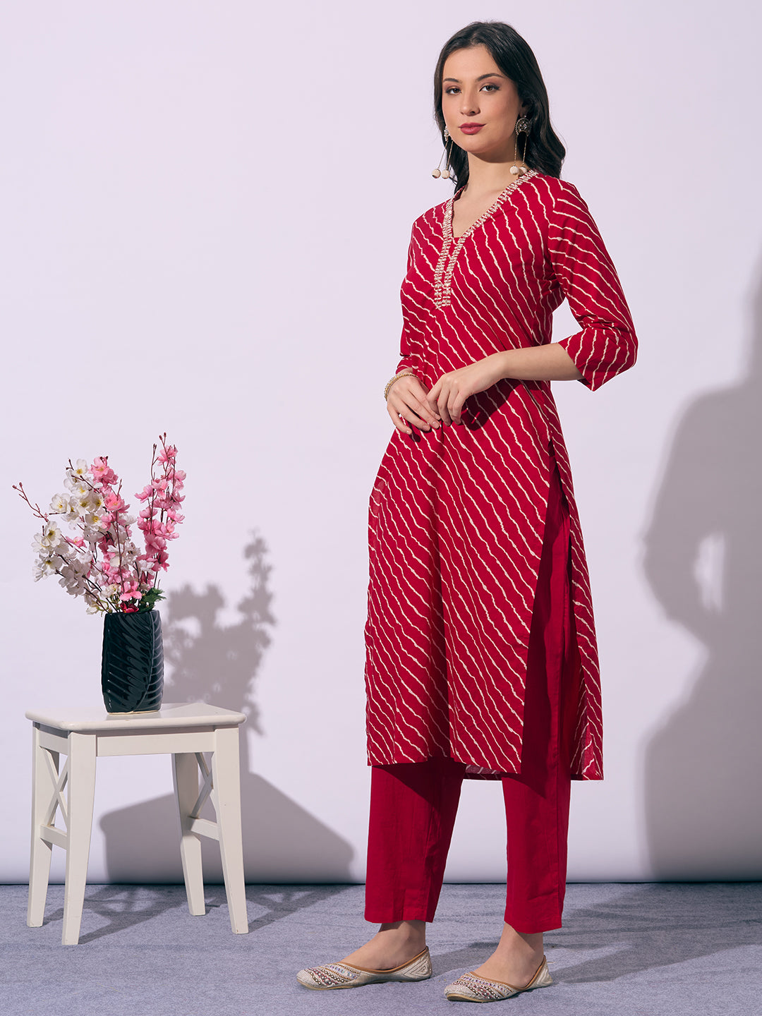 Leheriya Printed Embroidered Straight Fit Kurta with Pant - Red