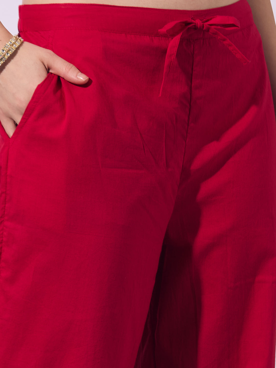 Leheriya Printed Embroidered Straight Fit Kurta with Pant - Red