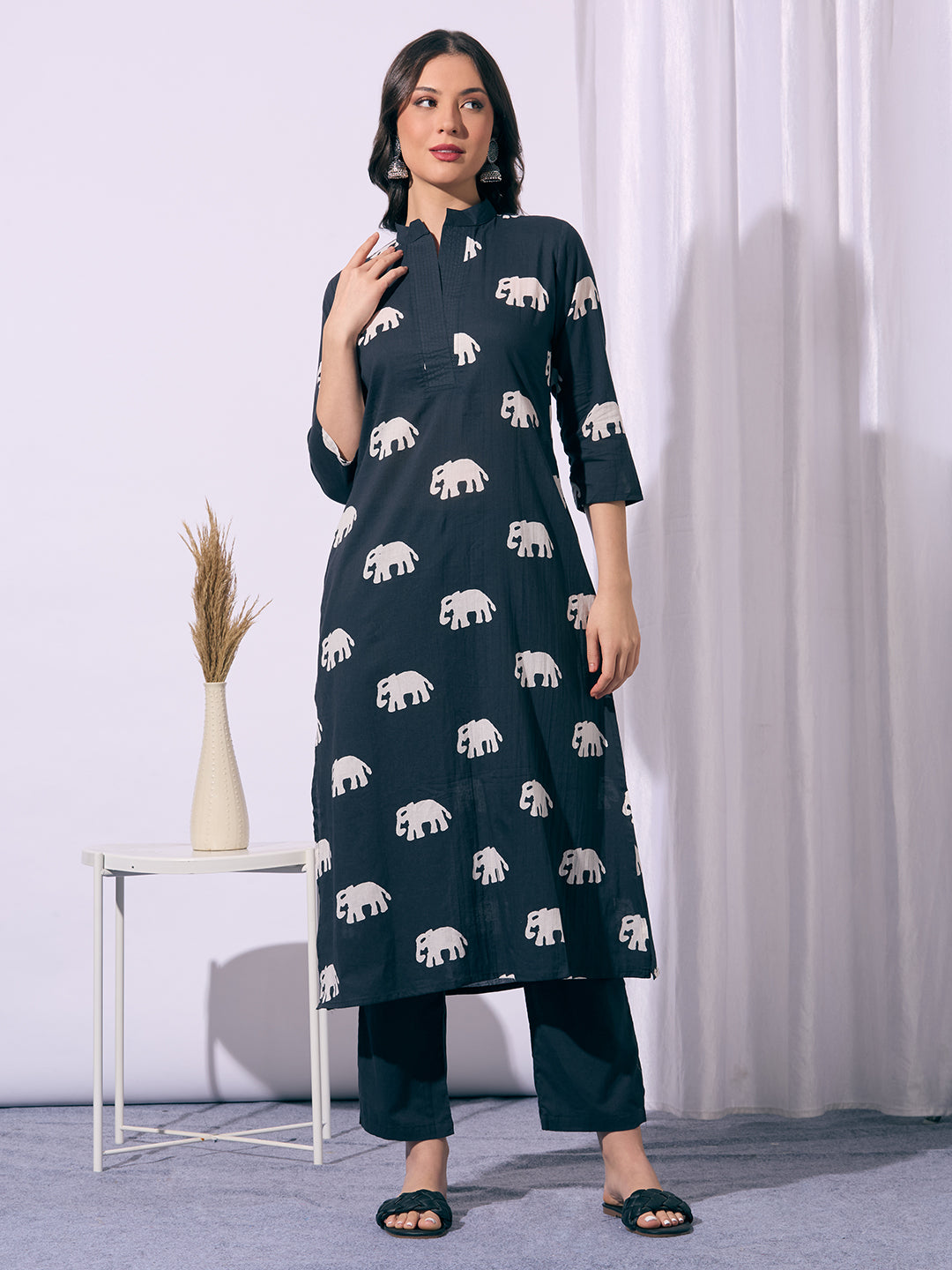 Ethnic Elephant Printed A-Line Kurta with Pant - Black
