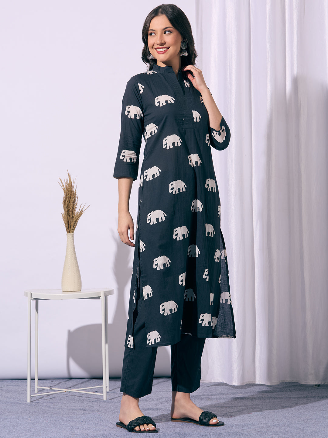 Ethnic Elephant Printed A-Line Kurta with Pant - Black