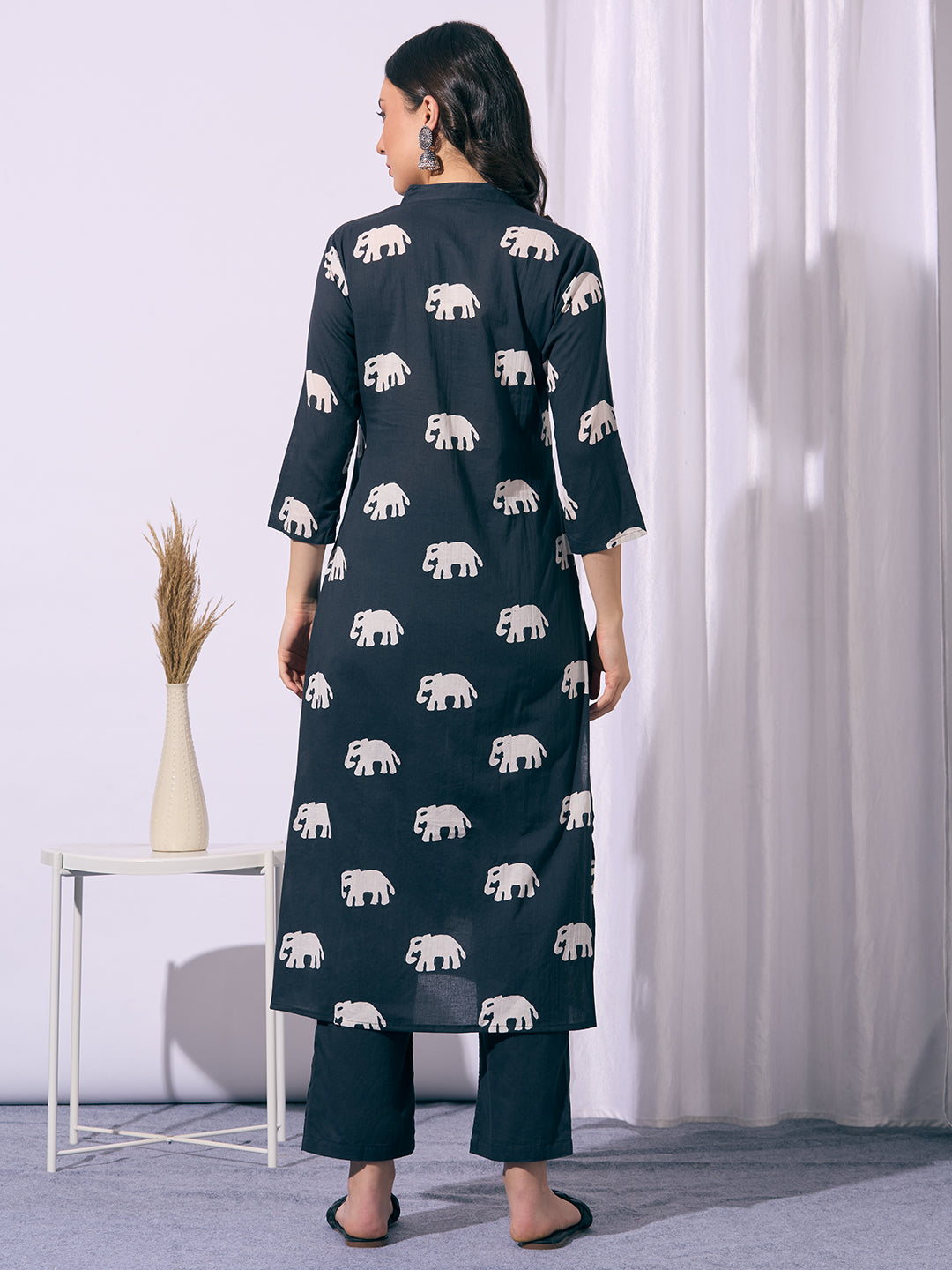 Ethnic Elephant Printed A-Line Kurta with Pant - Black