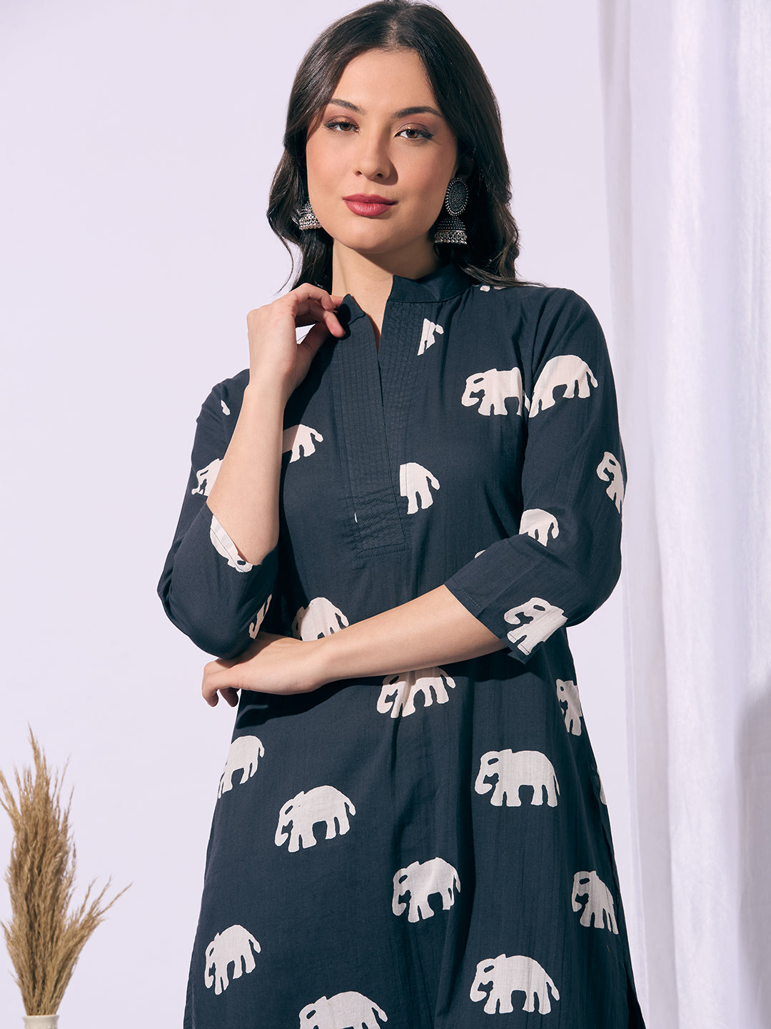 Ethnic Elephant Printed A-Line Kurta with Pant - Black