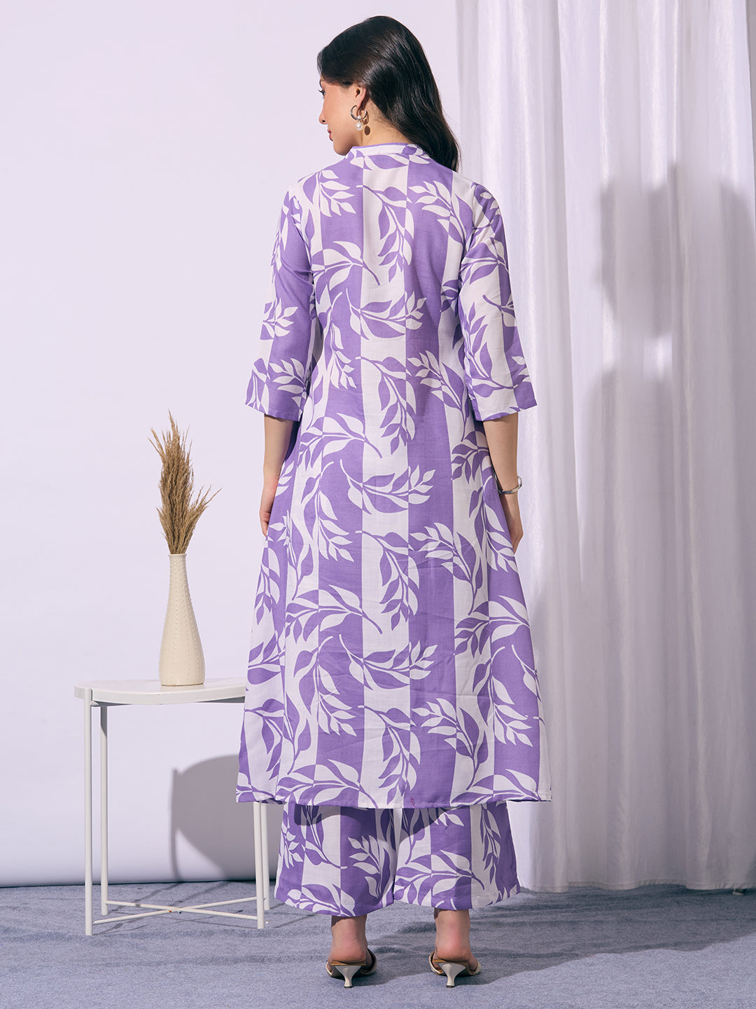 Abstract Floral Printed A-Line Flared Co-ord Set - Purple