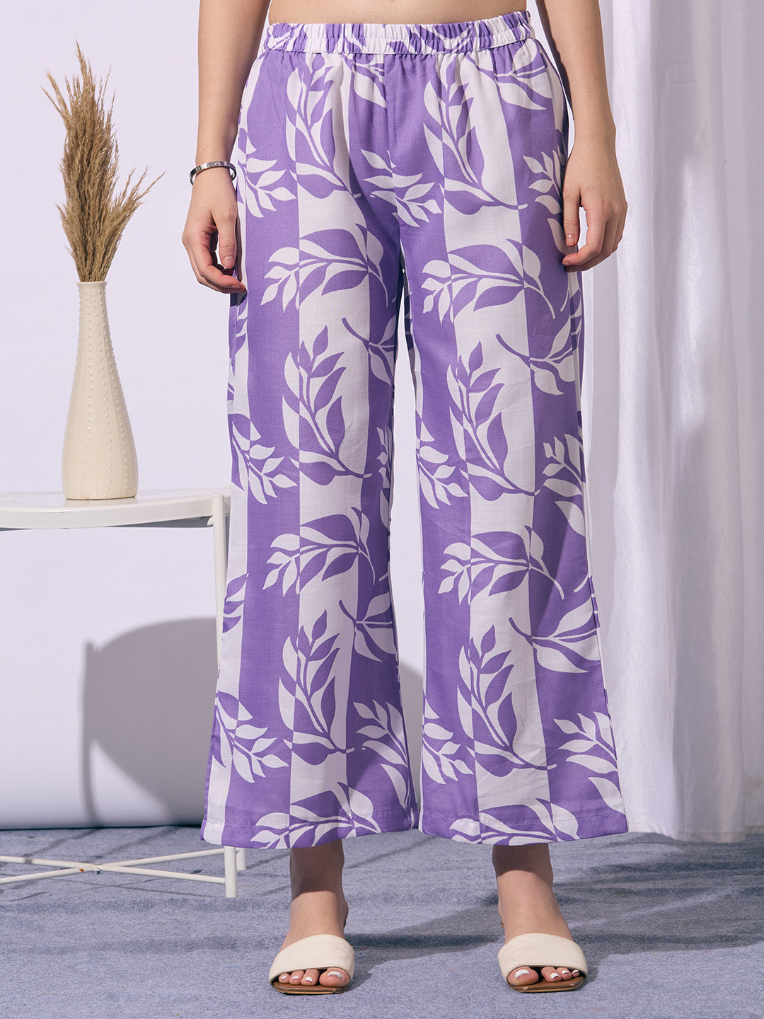 Abstract Floral Printed A-Line Flared Co-ord Set - Purple