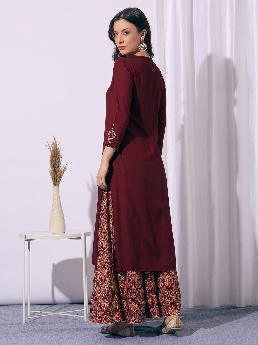 Solid Straight Cut Kurta with Ajrakh Printed Flared Palazzo - Maroon