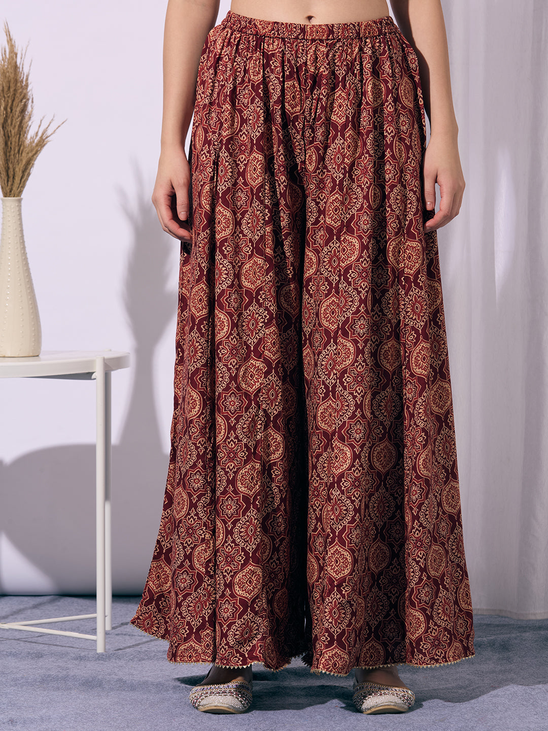 Solid Straight Cut Kurta with Ajrakh Printed Flared Palazzo - Maroon
