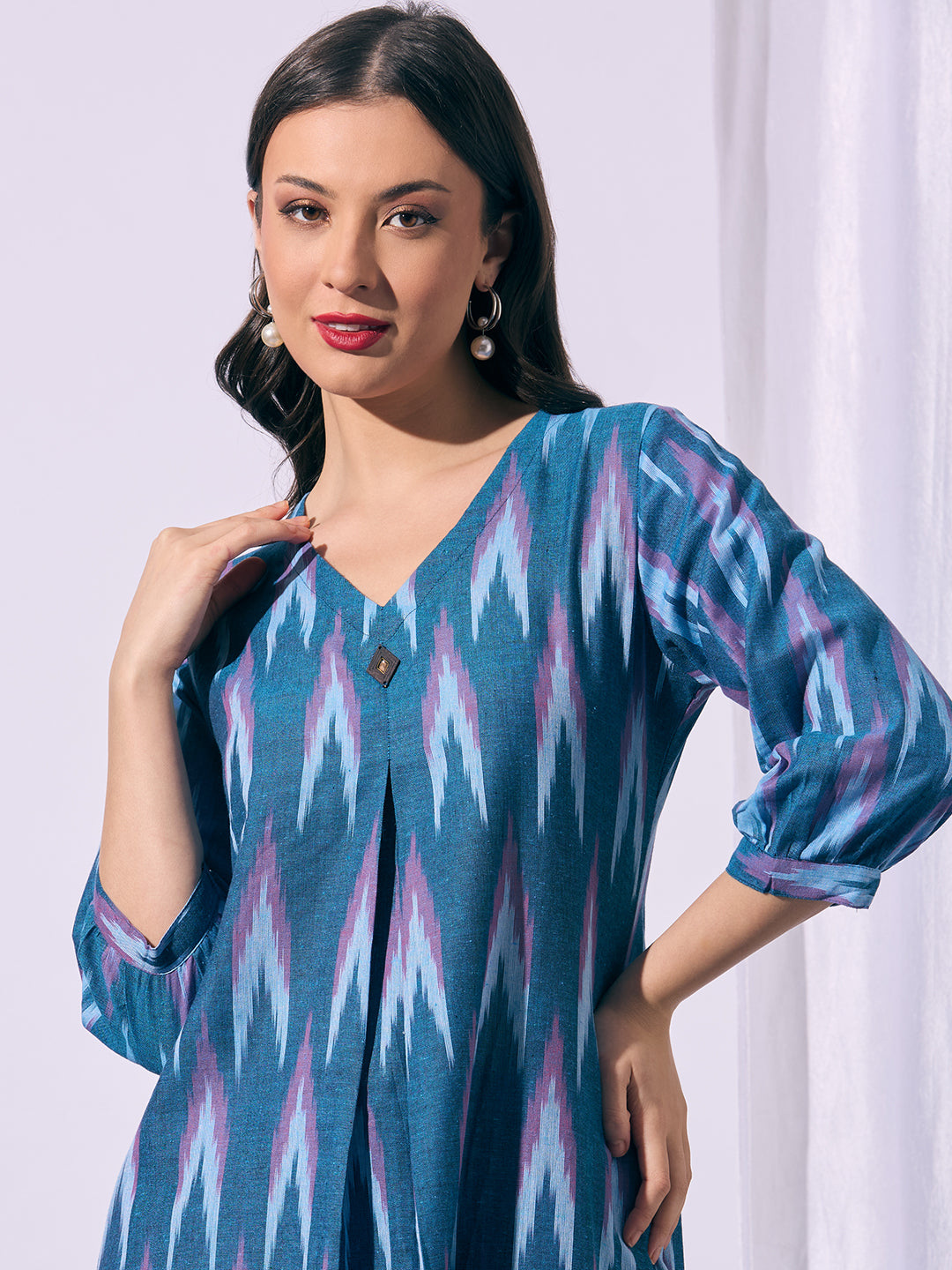 Ethnic Ikat Printed A-Line Co-ord Set - Blue