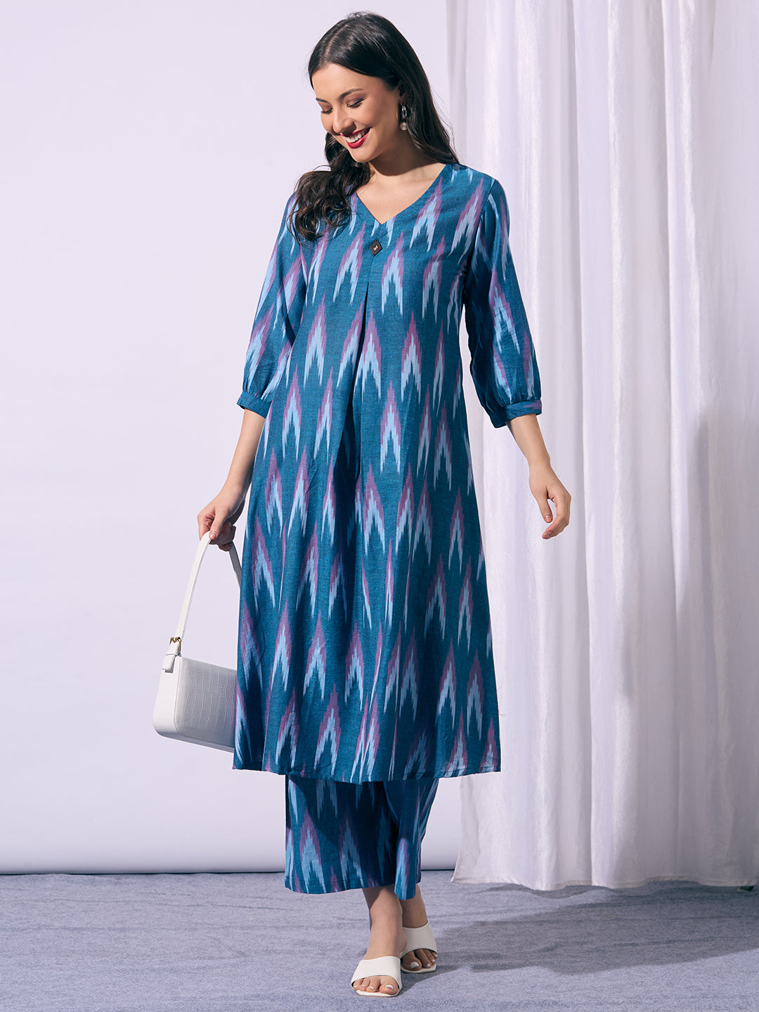 Ethnic Ikat Printed A-Line Co-ord Set - Blue