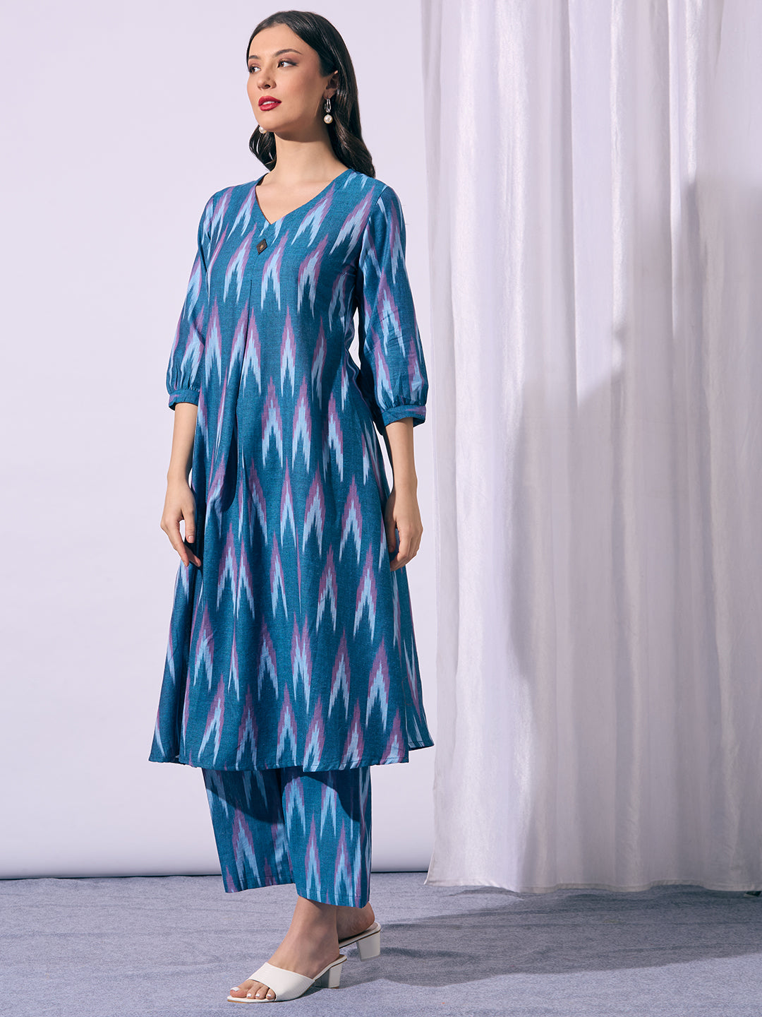 Ethnic Ikat Printed A-Line Co-ord Set - Blue