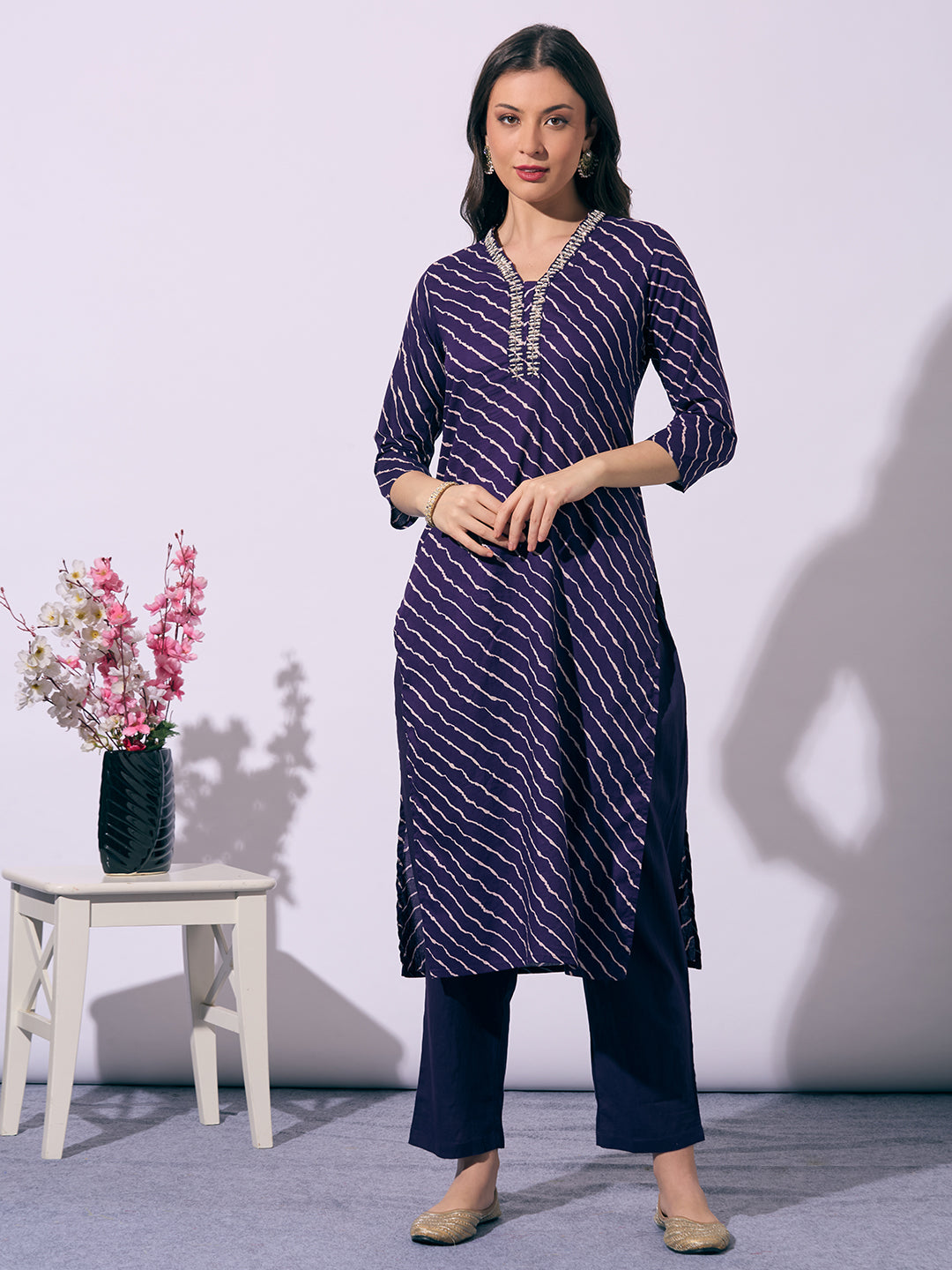 Leheriya Printed Embroidered Straight Fit Kurta with Pant - Purple