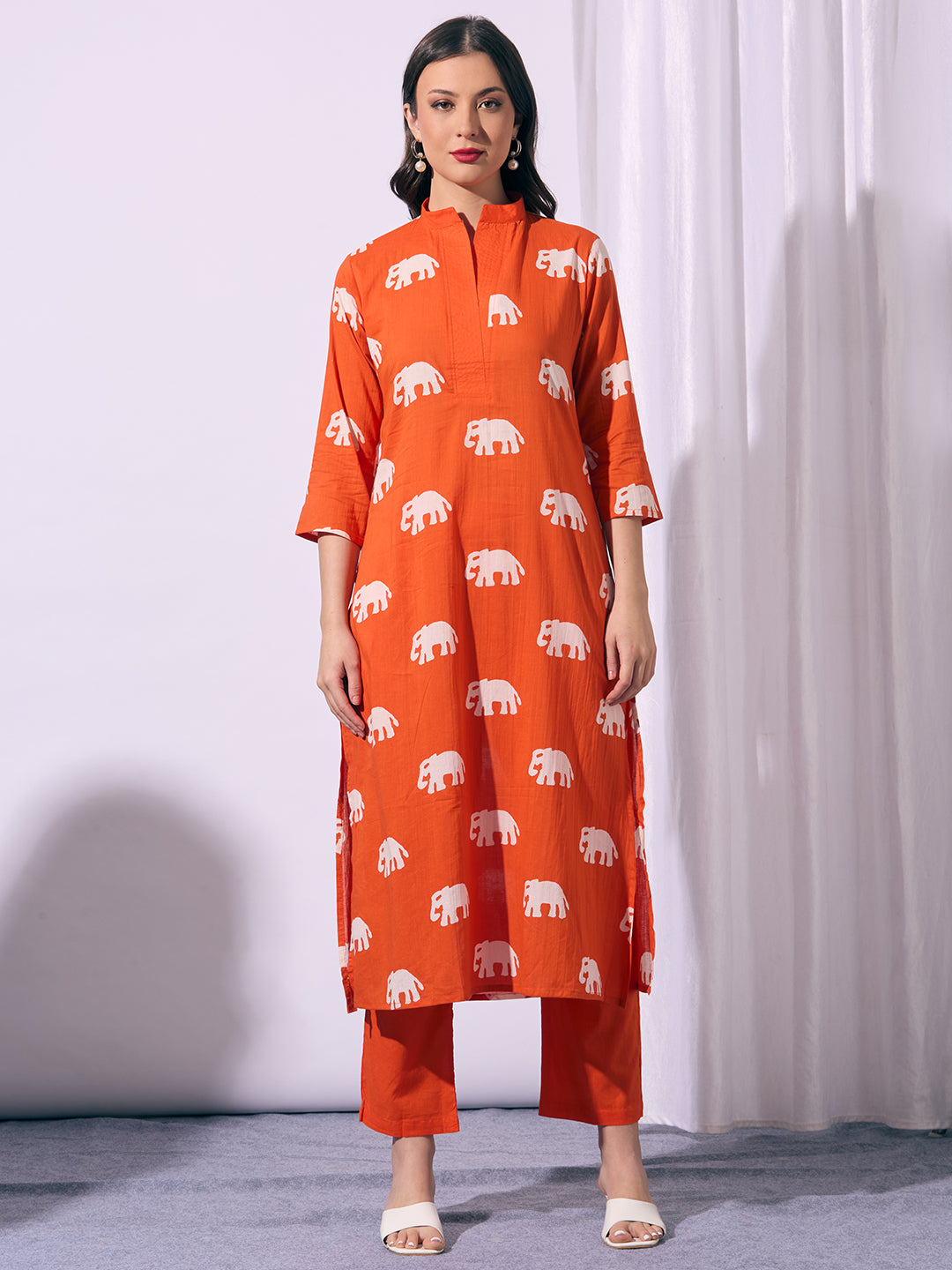 Ethnic Elephant Printed A-Line Kurta with Pant - Orange