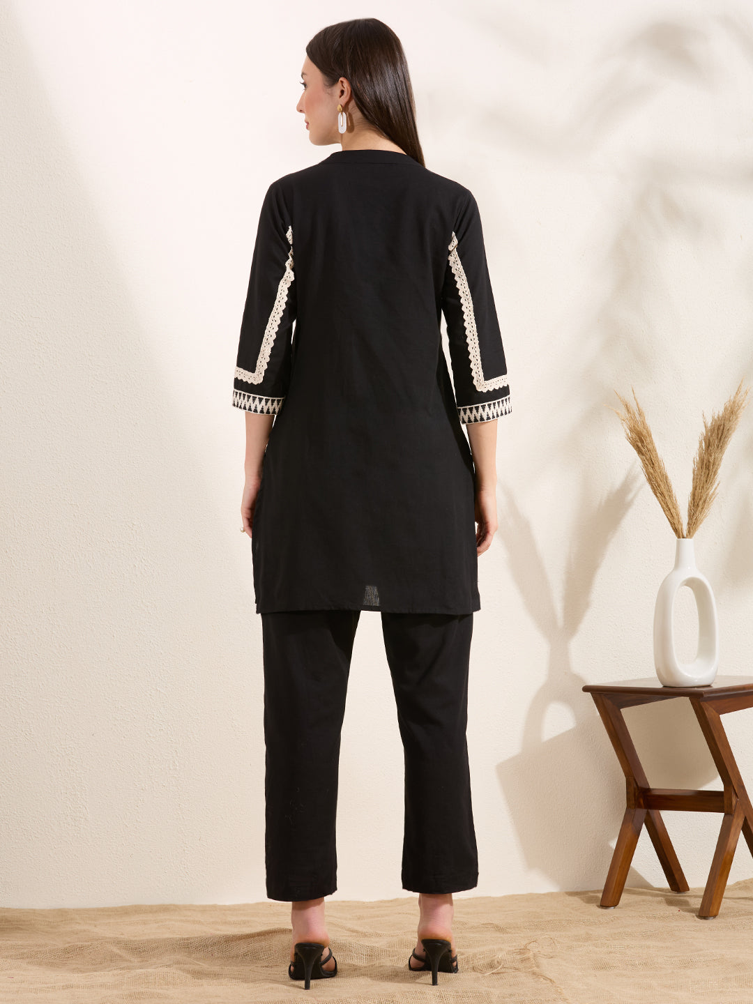 Solid Ethnic Embellished Straight Fit Co-ord Set - Black