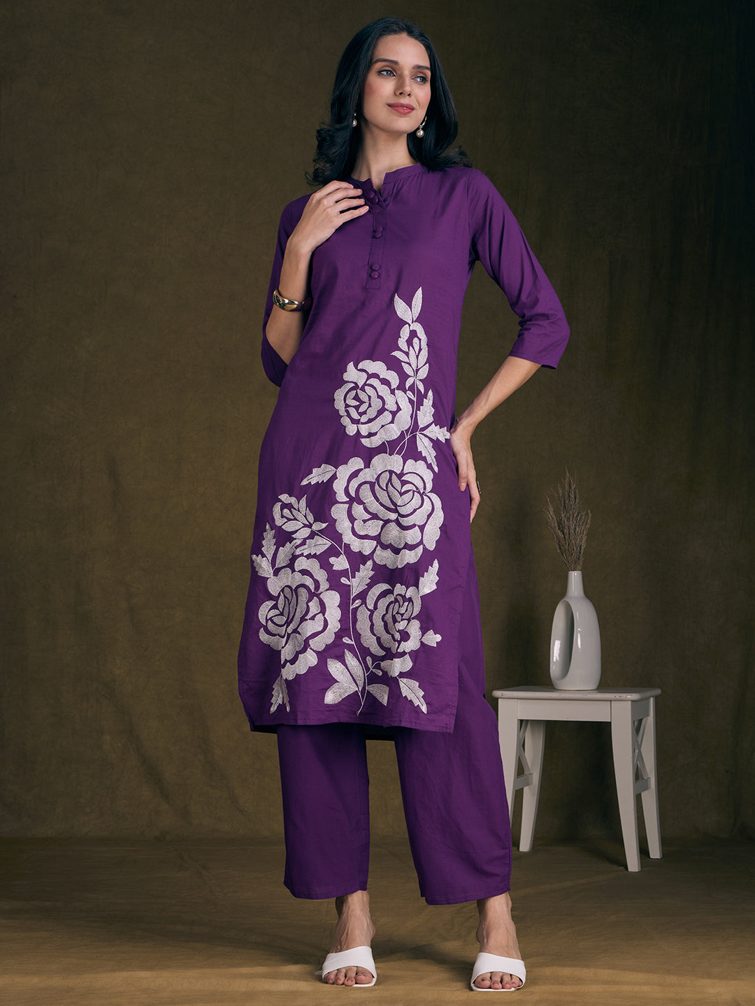 Solid Floral Threadwork Embroidered Straight Fit Co-ord Set - Purple