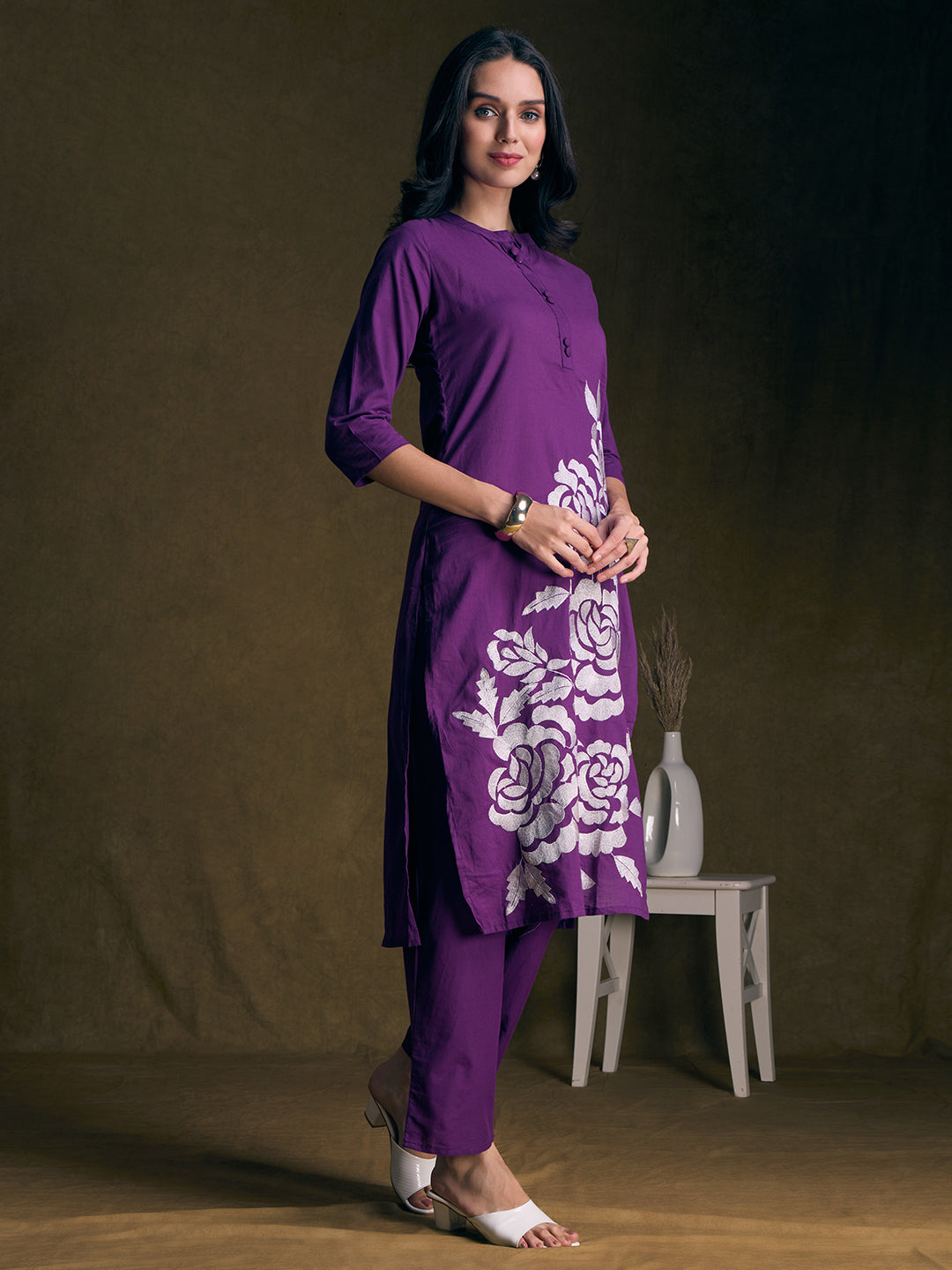 Solid Floral Threadwork Embroidered Straight Fit Co-ord Set - Purple