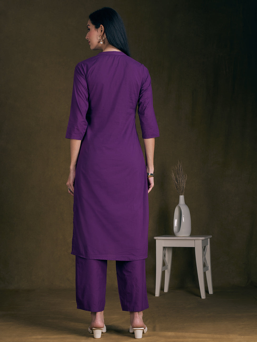 Solid Floral Threadwork Embroidered Straight Fit Co-ord Set - Purple