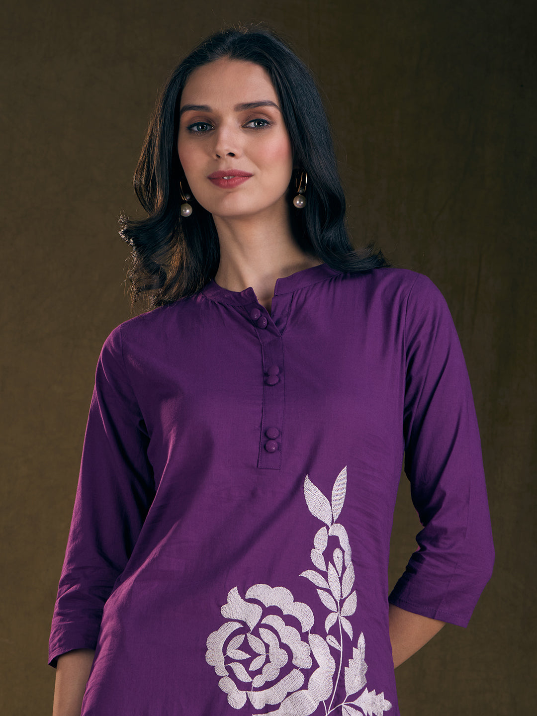 Solid Floral Threadwork Embroidered Straight Fit Co-ord Set - Purple