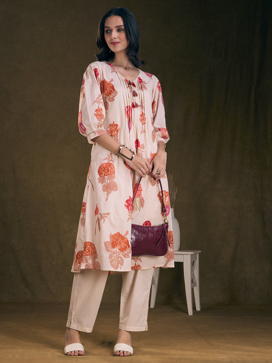 Ethnic Floral Printed A-Line Pleated Kurta with Pant - Off White
