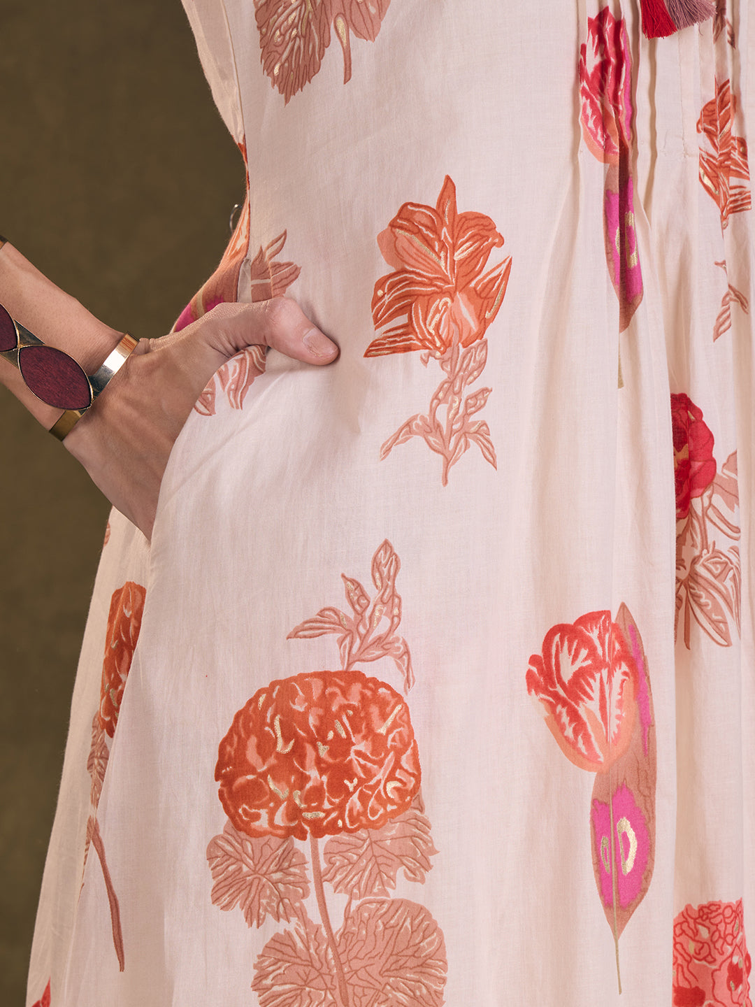 Ethnic Floral Printed A-Line Pleated Kurta with Pant - Off White