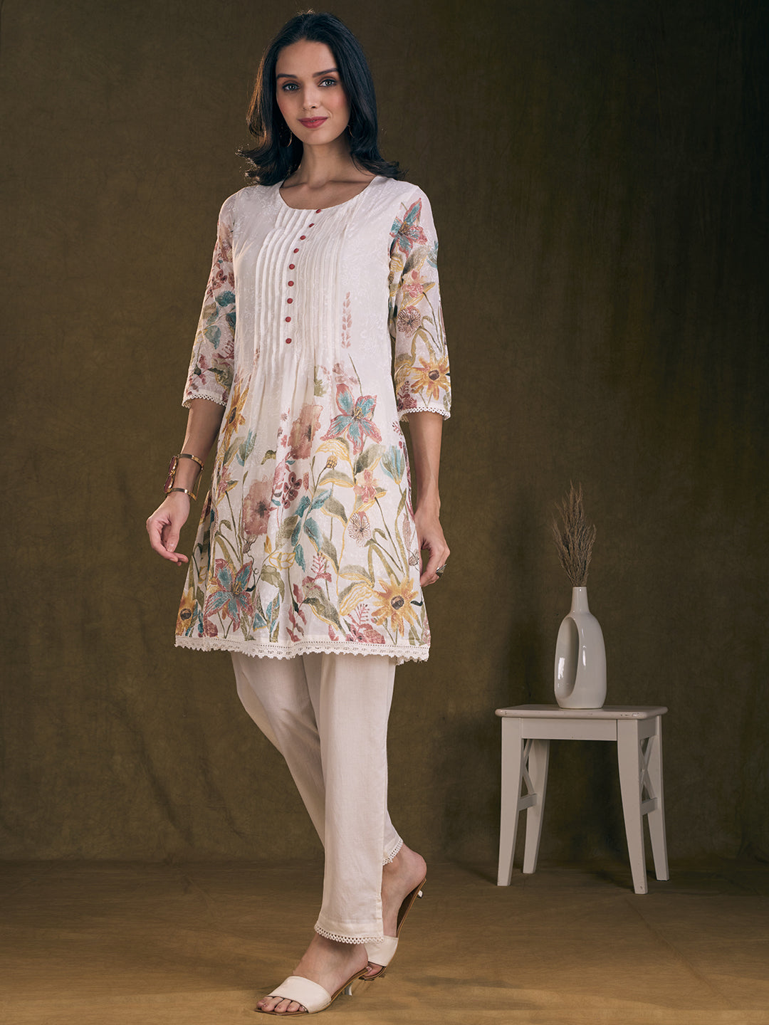 Floral Printed A-Line Flared Kurta with Pant - Off White