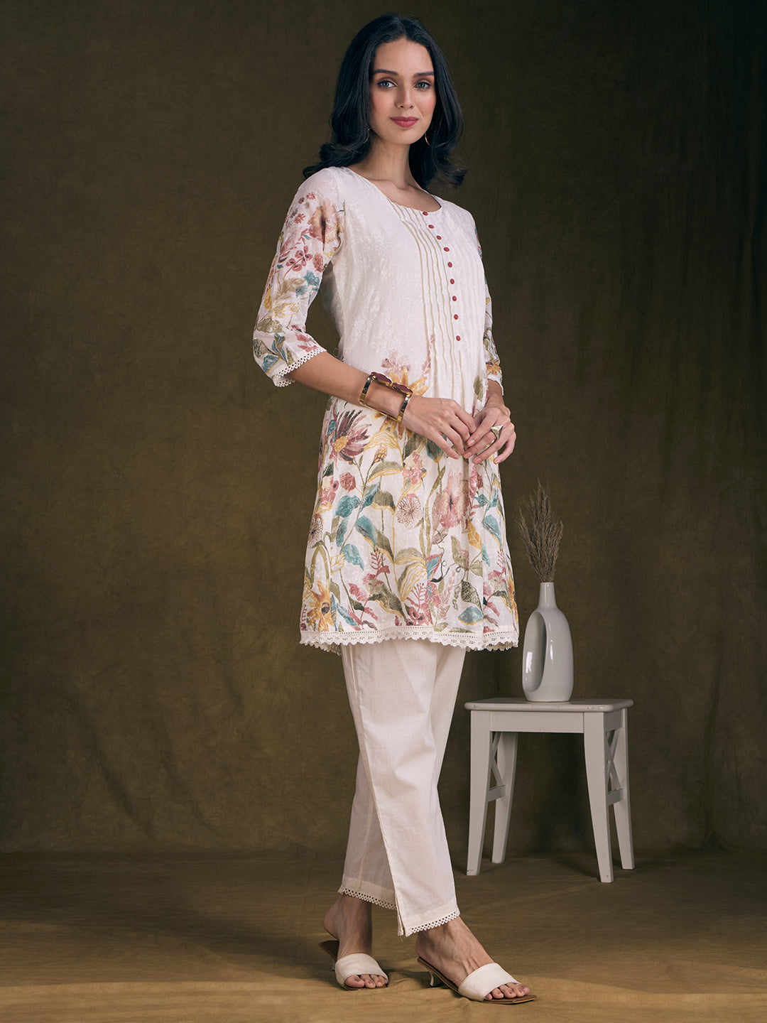 Floral Printed A-Line Flared Kurta with Pant - Off White