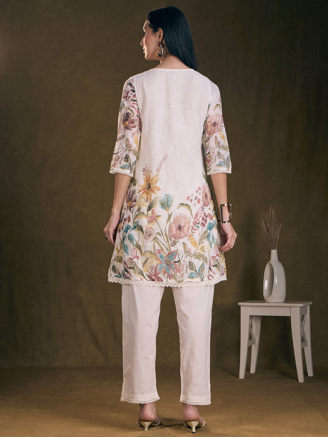 Floral Printed A-Line Flared Kurta with Pant - Off White