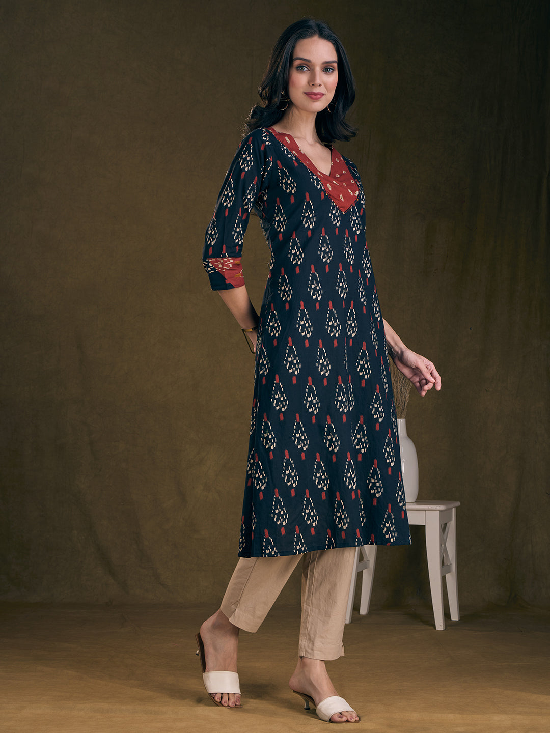 Ethnic Ikat Printed & Embroidered A-Line Kurta with Palazzo - Black