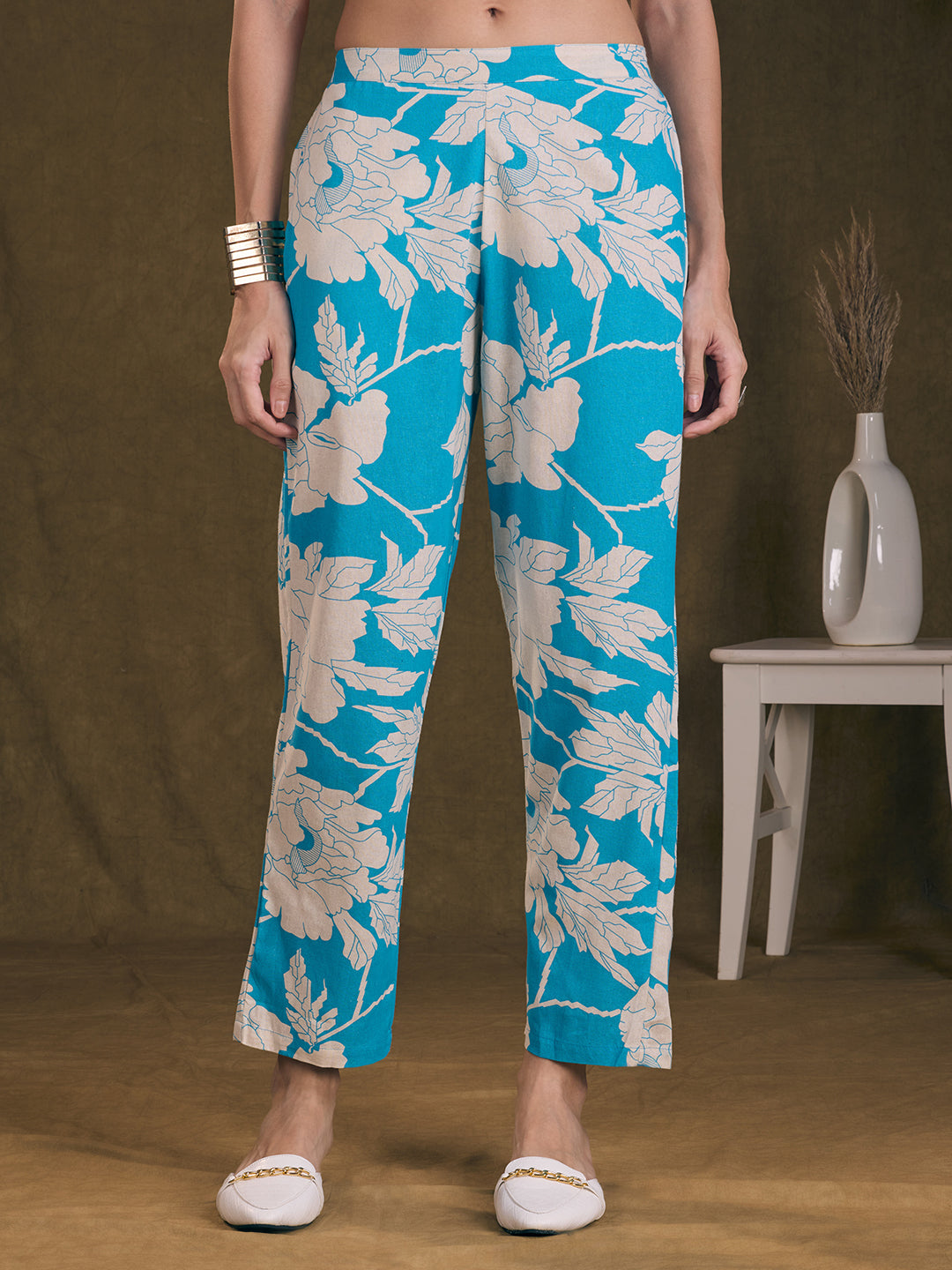 Abstract Floral Printed Straight Fit Co-ord Set - Sky Blue