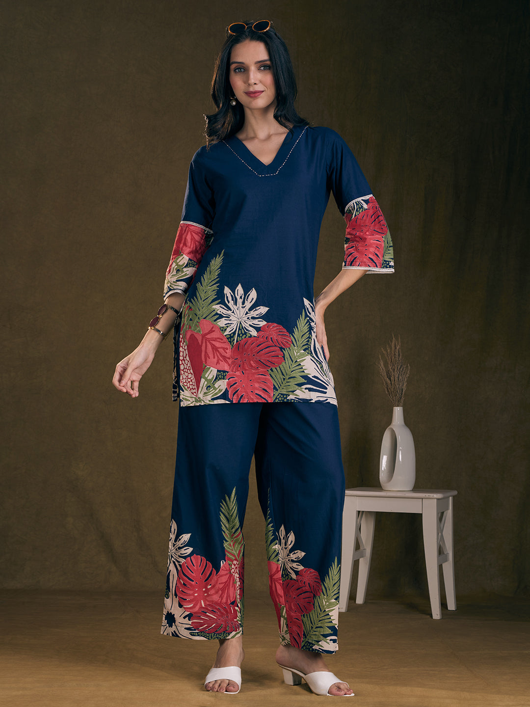 Abstract Floral Printed Straight Fit Co-ord Set - Navy Blue