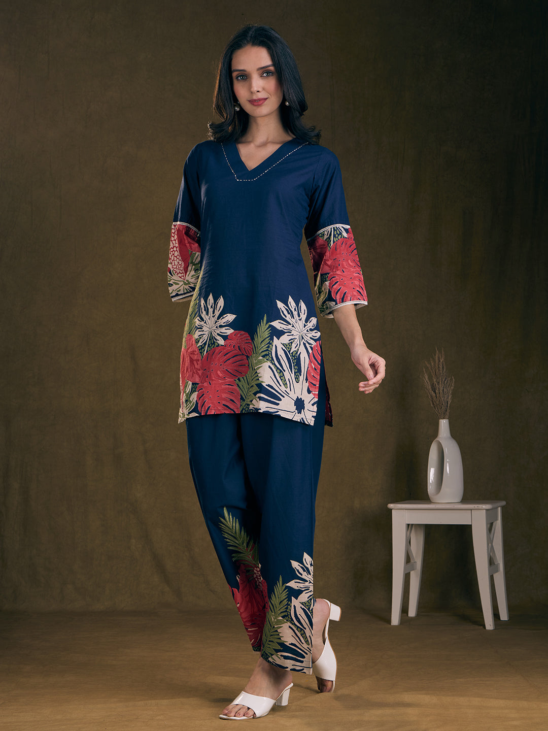 Abstract Floral Printed Straight Fit Co-ord Set - Navy Blue