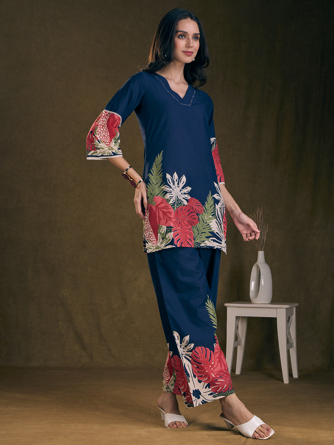 Abstract Floral Printed Straight Fit Co-ord Set - Navy Blue