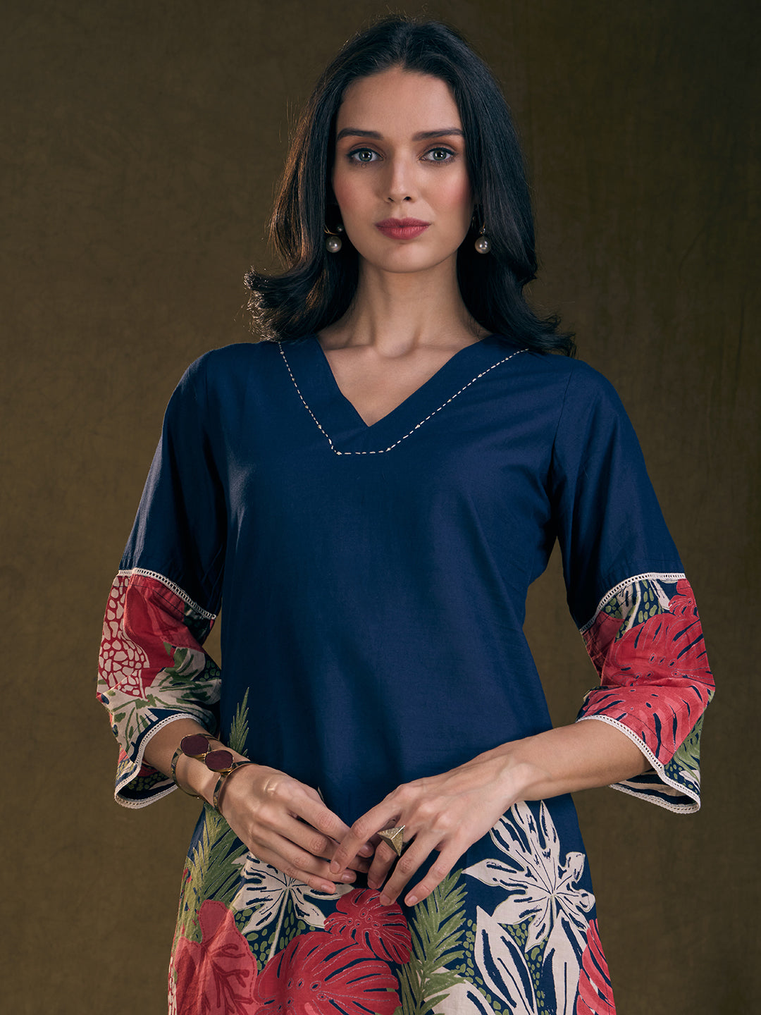 Abstract Floral Printed Straight Fit Co-ord Set - Navy Blue