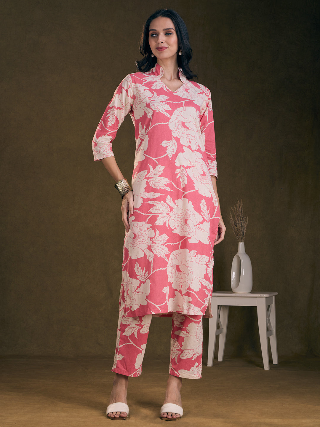 Abstract Floral Printed Straight Fit Co-ord Set - Pink
