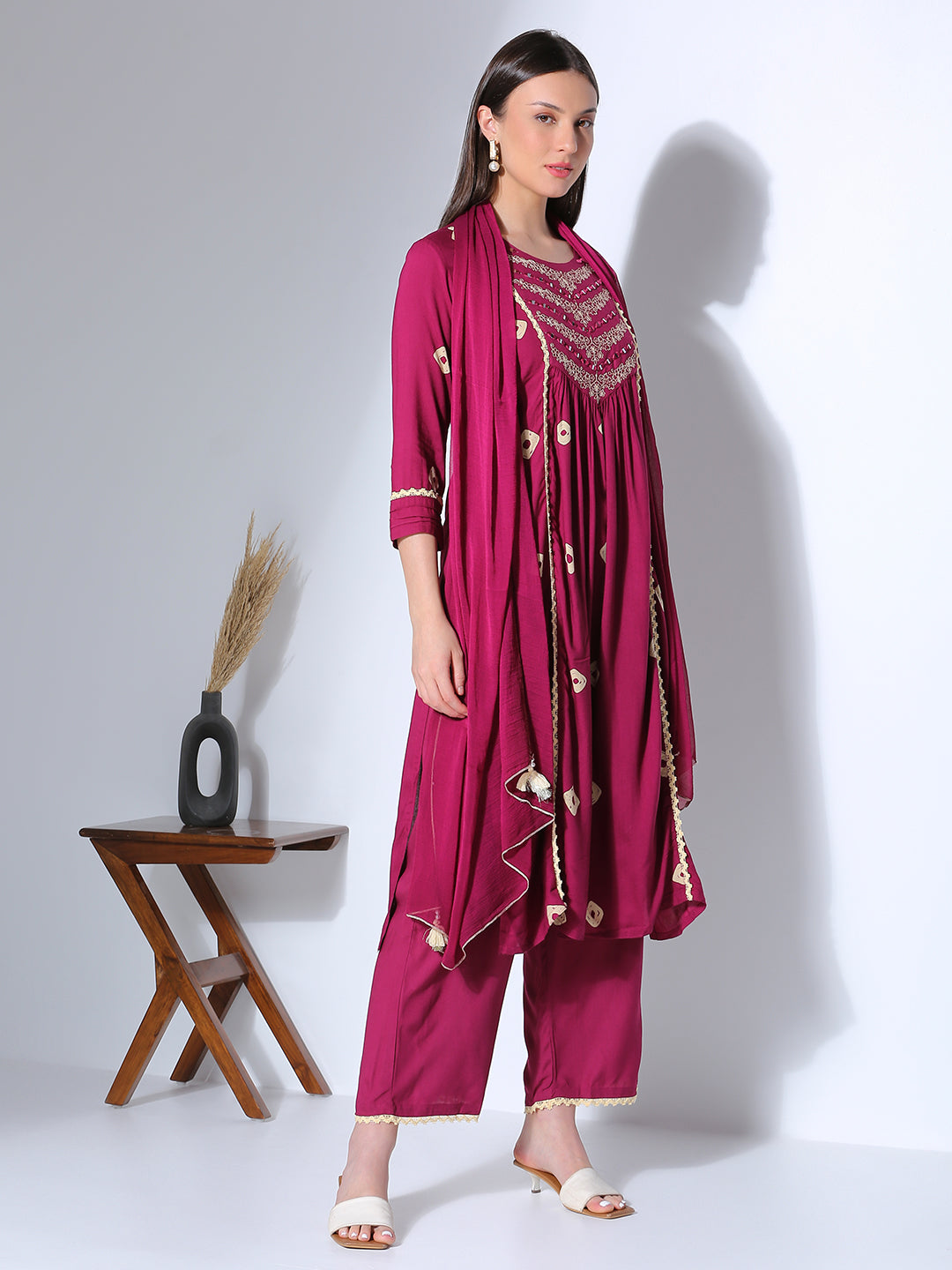 Bandhani Printed & Embroidered A-Line Pleated Kurta with Palazzo & Dupatta - Wine
