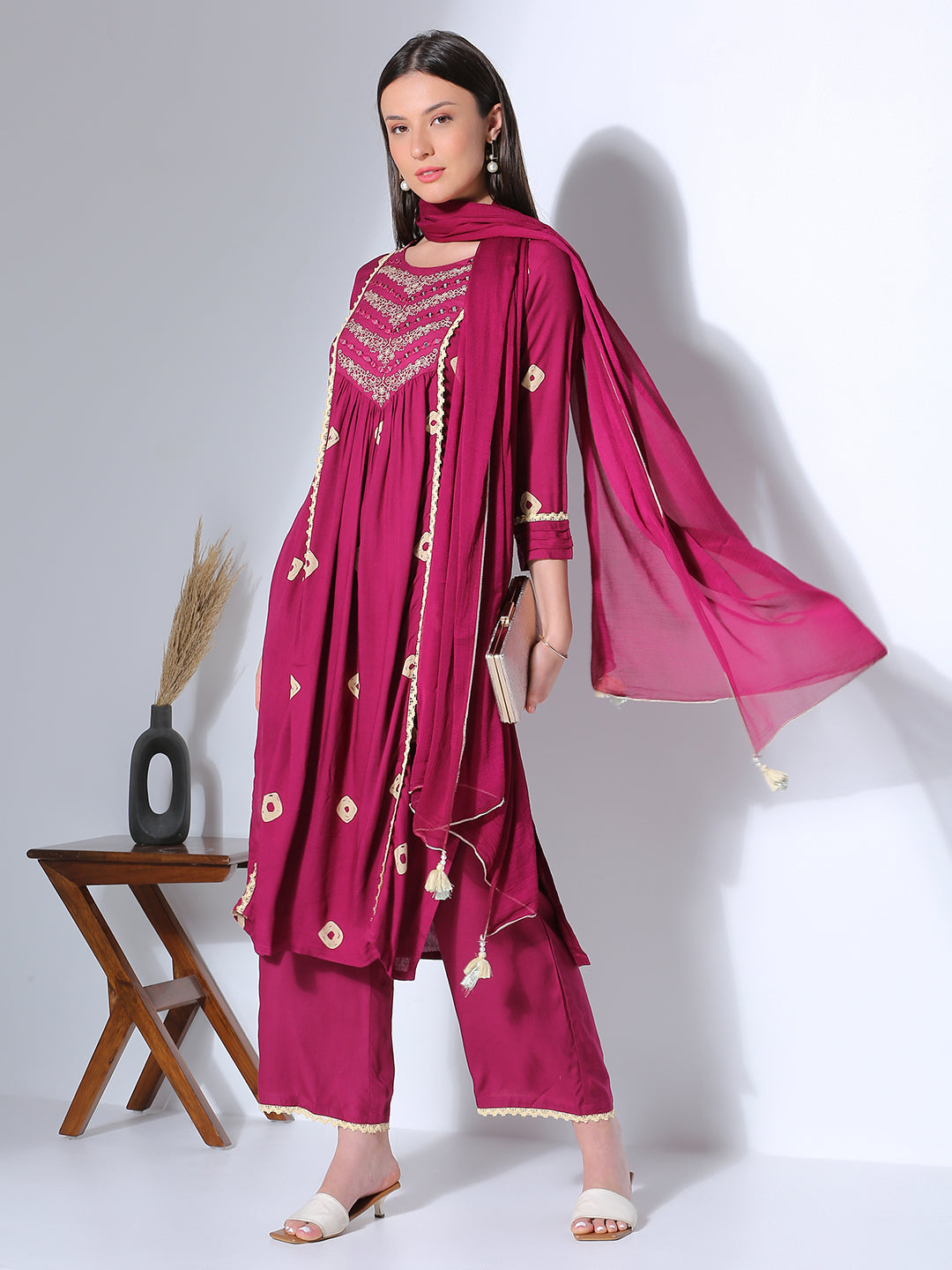 Bandhani Printed & Embroidered A-Line Pleated Kurta with Palazzo & Dupatta - Wine