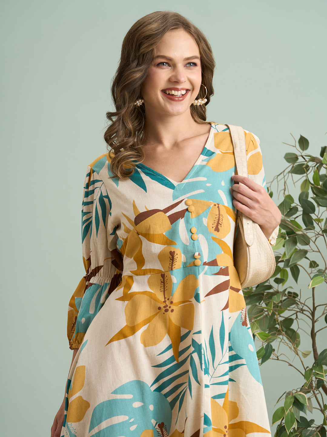 Abstract Printed A-Line Pleated Midi Cotton Flax Dress - Multi