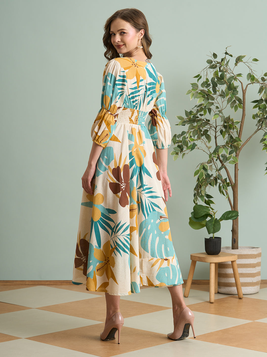 Abstract Printed A-Line Pleated Midi Cotton Flax Dress - Multi