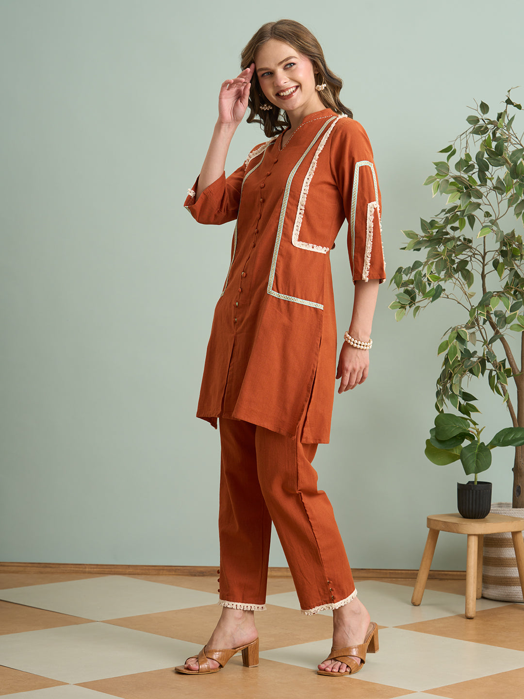 Solid Quirky A-Line Cotton Flax Co-ord Set - Rust