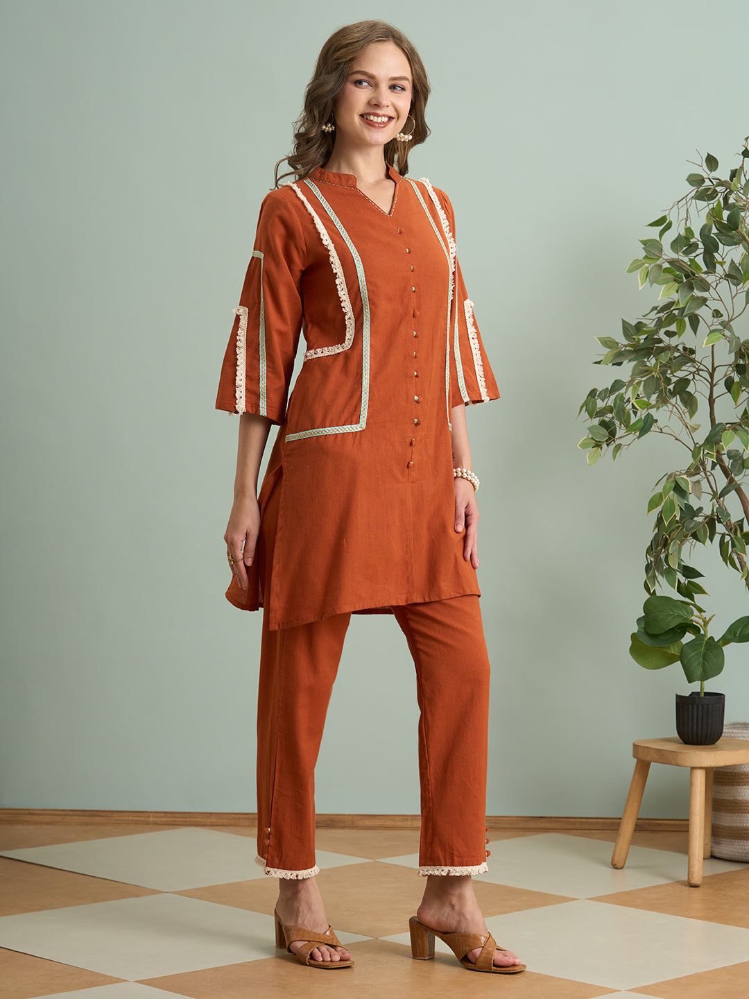 Solid Quirky A-Line Cotton Flax Co-ord Set - Rust