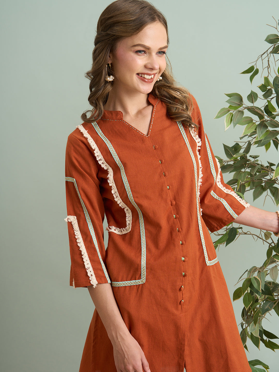 Solid Quirky A-Line Cotton Flax Co-ord Set - Rust