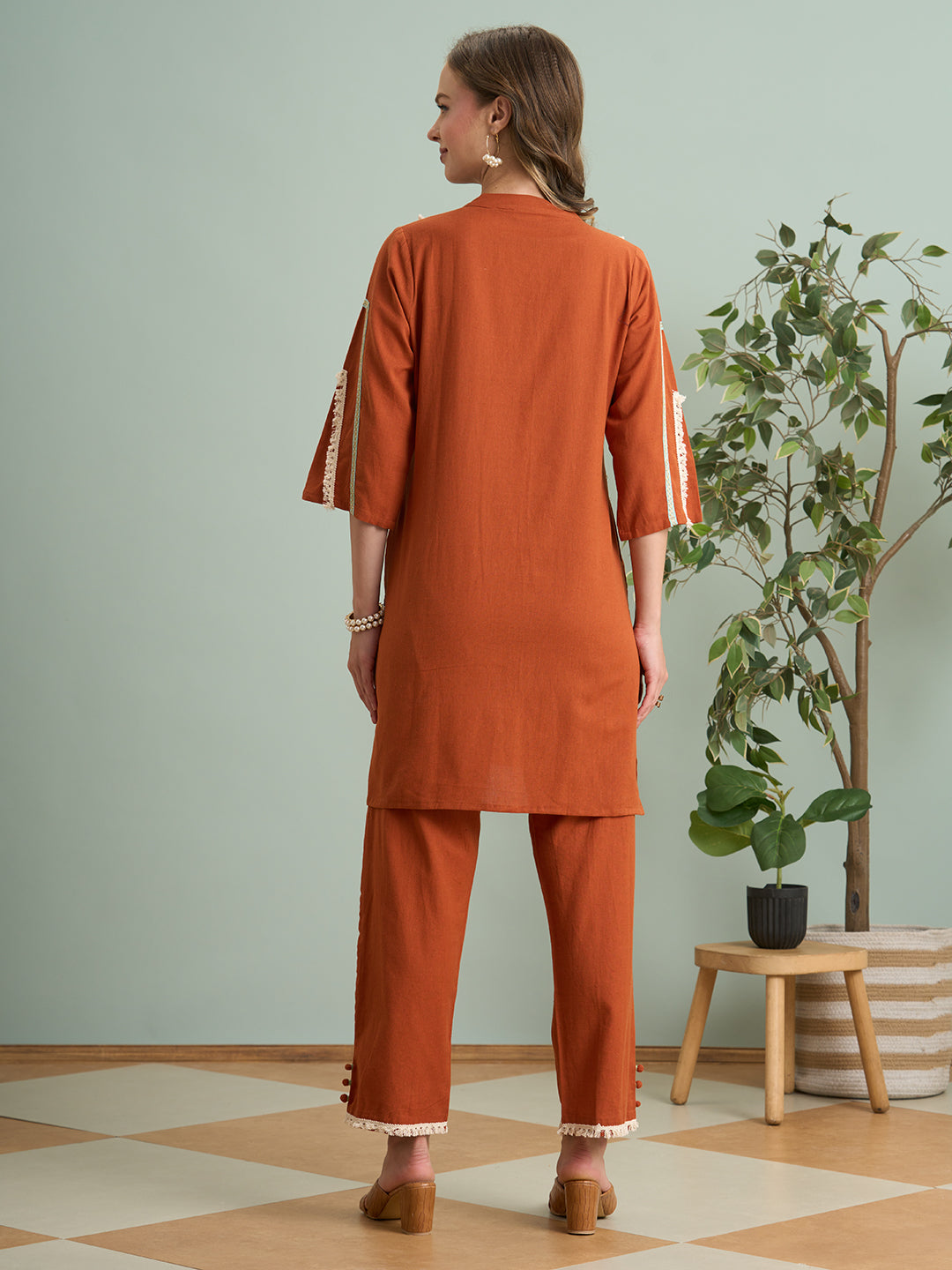 Solid Quirky A-Line Cotton Flax Co-ord Set - Rust