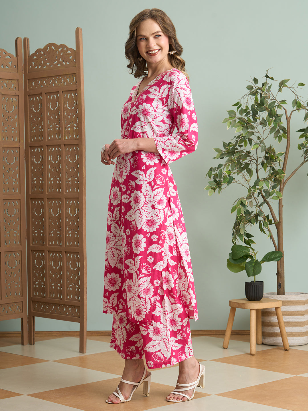 Abstract Floral Printed Straight Fit Co-ord Set - Pink